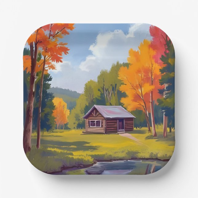 Herbstliche Wohnstätte Seeufer Cottage Pappteller (Vorderseite)