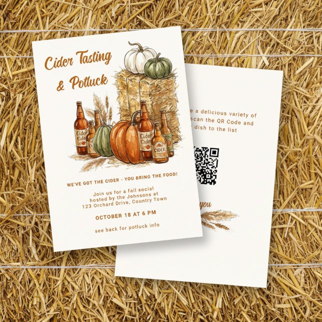 Herbstlicher Apfelschorle-Verkostung und Potluck-L Einladung (Rustic Potluck with QR code fall invitation, with cider and pumpkin design by Darling & May)