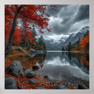 🍁 Herbstlicher Bergsee-Reflektions-Natur-Dekor 🍁 Poster