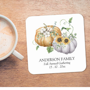 Herbstlicher Kürbis Sonnenblume und Baumwollblumen Rechteckiger Pappuntersetzer