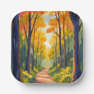 Herbstlicher Waldweg Aquarell Herbstlaub Pappteller