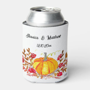 Herbstlicher Wasserfarben-Hochzeitsstrauß mit Kürb Dosenkühler