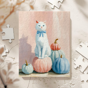 Herbstlicher weißer Kater mit Kürbissen Puzzle