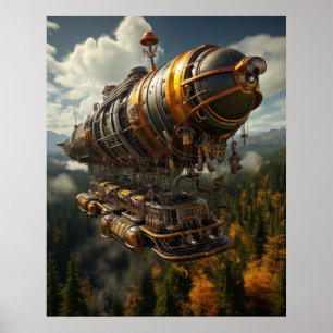Herbstliches Abenteuer Steampunk-Zeppelin über dem Poster