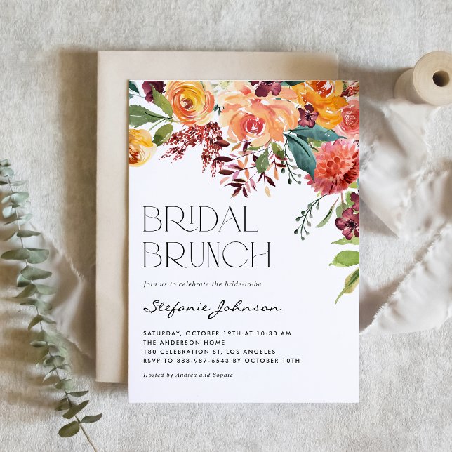 Herbstliches Blumenbouquet QR-Code Braut-Brunch Einladung (Customizable QR code bridal brunch invitation featuring beautiful watercolor autumn flowers.)