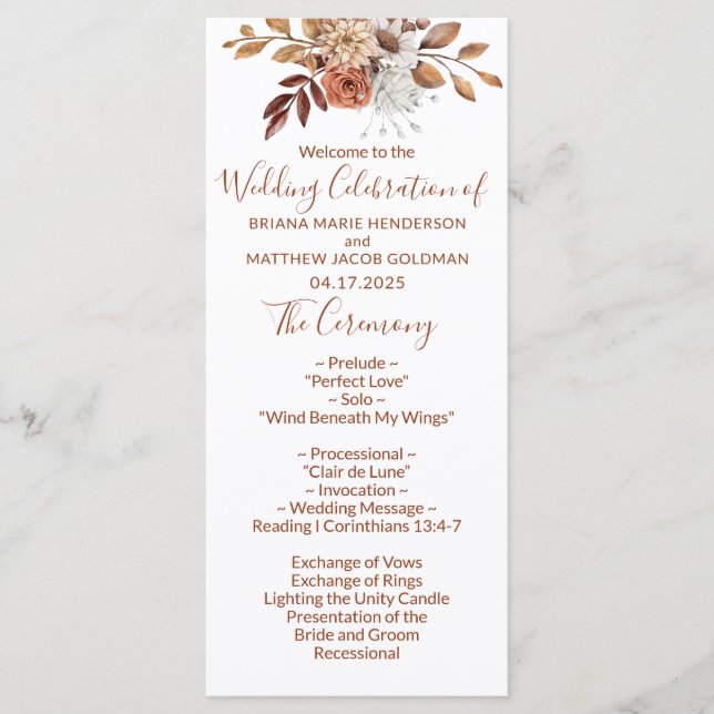 Herbstliches Blumenbouquet Weiße Hochzeitsprogramm Programm (Vorderseite)