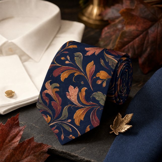 Herbstliches botanisches Muster – Tiefes Navy Krawatte (Autumn Botanical Pattern – Deep Navy Neck Tie)