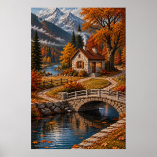 Herbstliches Cottage am Fluss - Berglandschaftskun Poster
