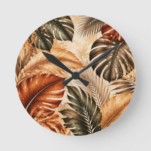 Herbstliches Tropisches Monstera-Botanikmuster Runde Wanduhr