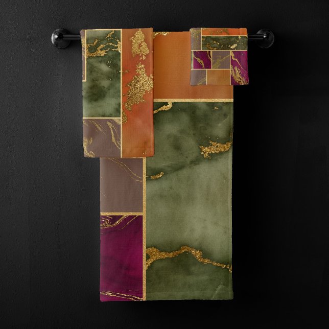 Herbstluxus | Geometrisches Gold Jewel Tone Marmor Badhandtuch Set (Von Creator hochgeladen)