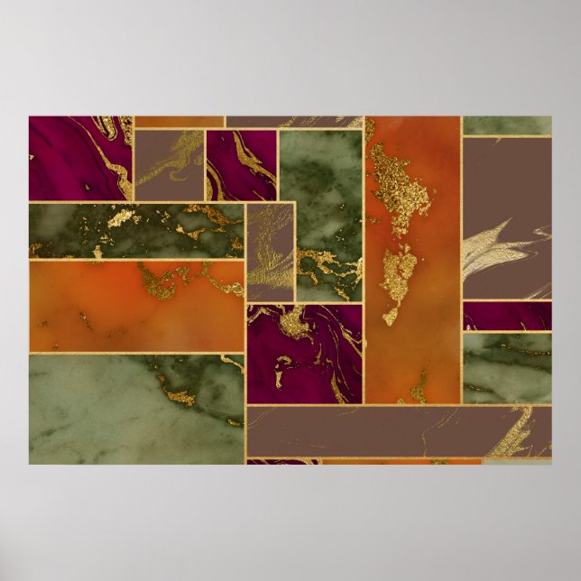 Herbstluxus | Geometrisches Gold Jewel Tone Marmor Poster (Vorne)