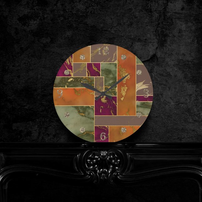 Herbstluxus | Geometrisches Gold Jewel Tone Marmor Runde Wanduhr (Von Creator hochgeladen)