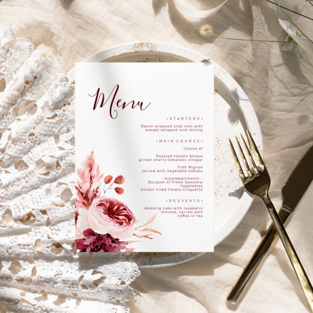 Herbstmenü für Hochzeiten in Burgund und Rosa Menükarte (Von Creator hochgeladen)