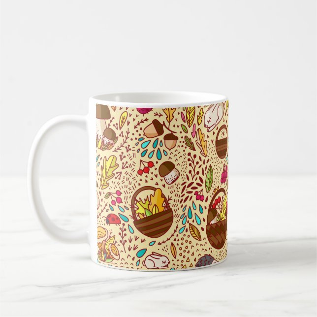 Herbstmuster Korb mit Blätter, Zweigen und b Kaffeetasse (Links)