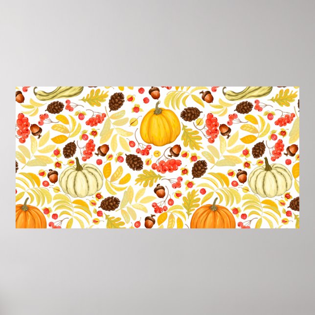 Herbstnahtloser Hintergrund mit Kürbis, Eicheln, Poster (Vorne)