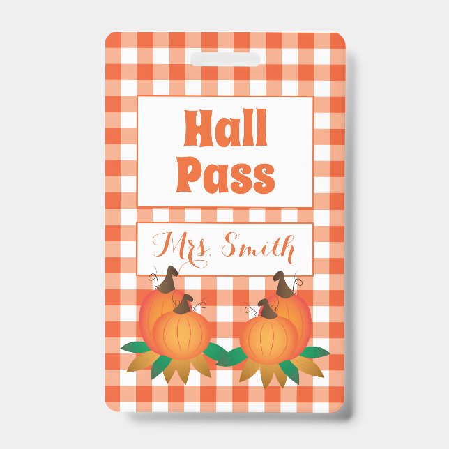 Herbstorange-Hall-Pass mit Namen Ausweis (Vorderseite)