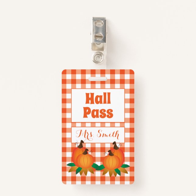 Herbstorange-Hall-Pass mit Namen Ausweis (Vorderseite mit Klammer)