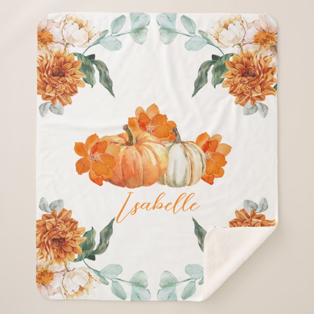 Herbstorange Kürbis Blumengebäck Sherpadecke (Vorderseite)