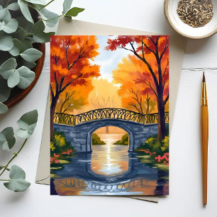 Herbstparkbrücke   Wasserfarbe Herbstlaub Postkarte