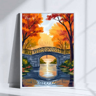 Herbstparkbrücke   Wasserfarben Herbstlaub Poster