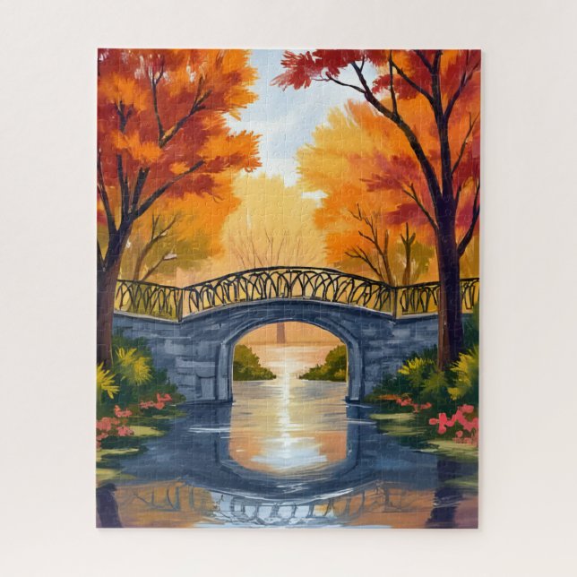 Herbstparkbrücke | Wasserfarben Herbstlaub Puzzle (Vertikal)