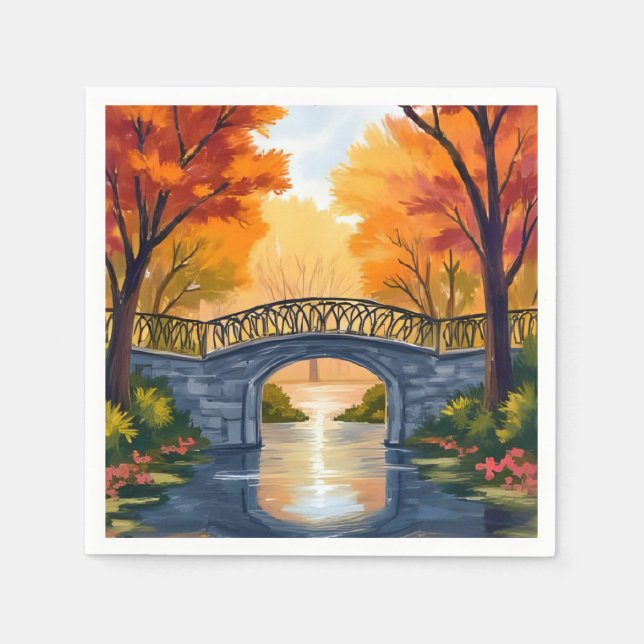 Herbstparkbrücke | Wasserfarben Herbstlaub Serviette (Vorderseite)