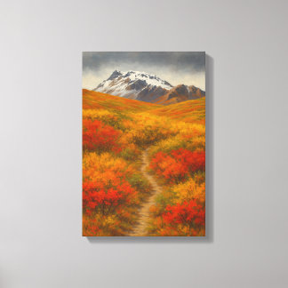 Herbstpfad zu verschneiten Gipfeln Leinwanddruck