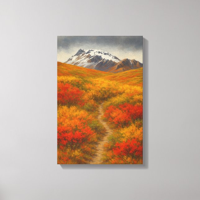 Herbstpfad zu verschneiten Gipfeln Leinwanddruck (Vorderseite)