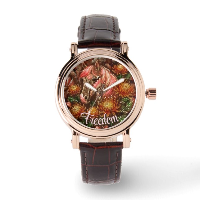 Herbstpferd Floral Chrysanthemen Personalisiert Armbanduhr (Vorderseite)