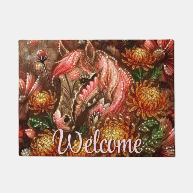 Herbstpferd Floral Chrysanthemen Personalisiert Fußmatte (Vorderseite)