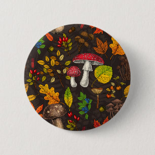 Herbstpilze, Blätter, Nüsse und Beeren im Dunkeln Button