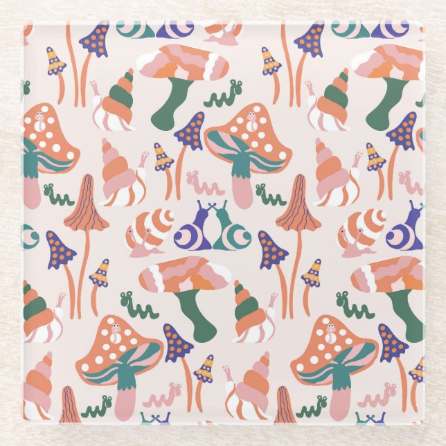 Herbstpilze, farbenfrohe, nahtlose Gestaltung. Glasuntersetzer (Vorderseite)