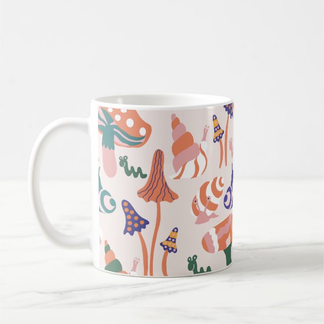 Herbstpilze, farbenfrohe, nahtlose Gestaltung. Kaffeetasse (Links)