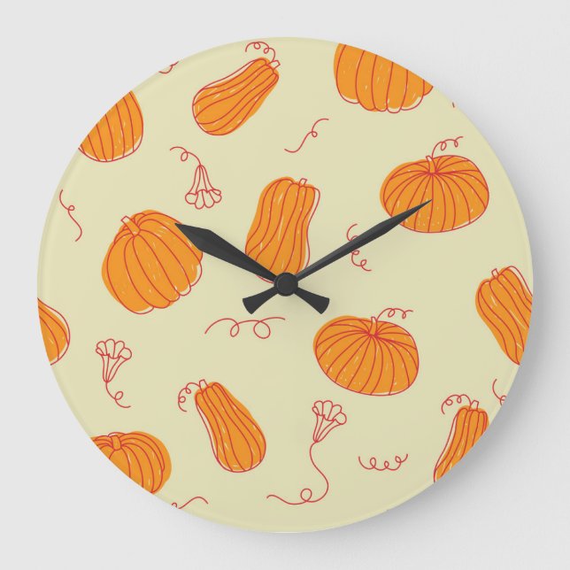 Herbstpumpen: Doodle Orange Muster. Große Wanduhr (Vorderseite)