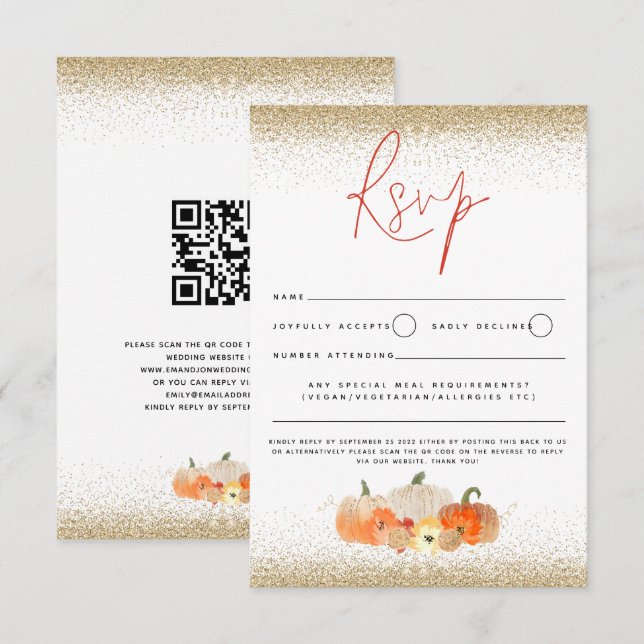 Herbstpumpen floraler Glitzer Herbstkrippe QR-Code RSVP Karte (Vorne/Hinten)
