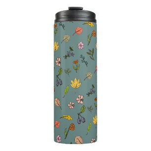 Herbstrosa gelbe Blumen und Blätter grün Thermosbecher
