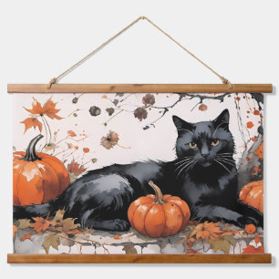 Herbstschwarze Katze mit Pumpkins Wandteppich Mit Holzrahmen