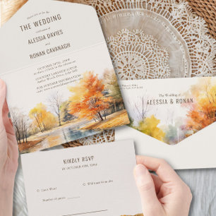 Herbstsee-Aquarell-Landhochzeit in einem All In One Einladung