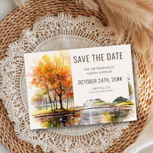 Herbstsee-Aquarell-Landpark-Speichern Sie das Datu Save The Date