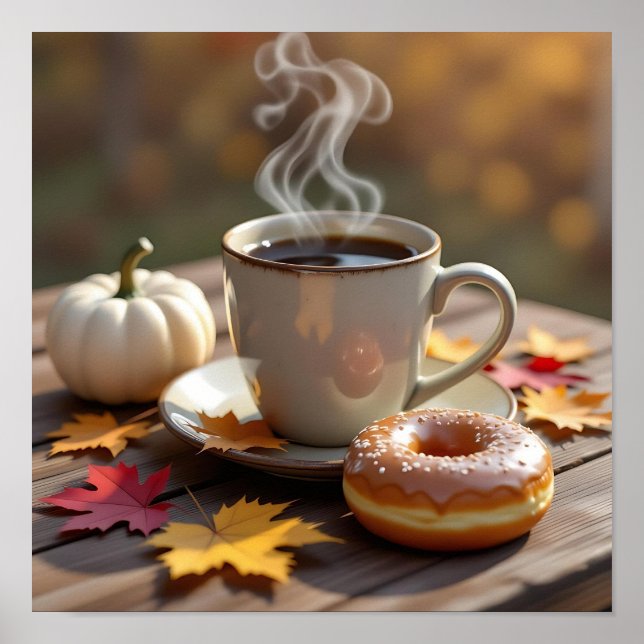 Herbstsegen, warmer Kaffee und ein Donut Poster (Vorne)