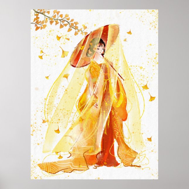 Herbstsernität: Japanische Geisha Wasserfarbe Poster (Vorne)