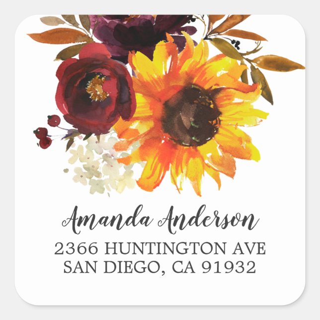 Herbstsonnenblume Bouquet Rücksendeadresse Quadratischer Aufkleber (Vorderseite)
