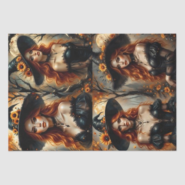 Herbstsonnenblume Hexe mit fiery Red Hair Seidenpapier (Vorderseite)