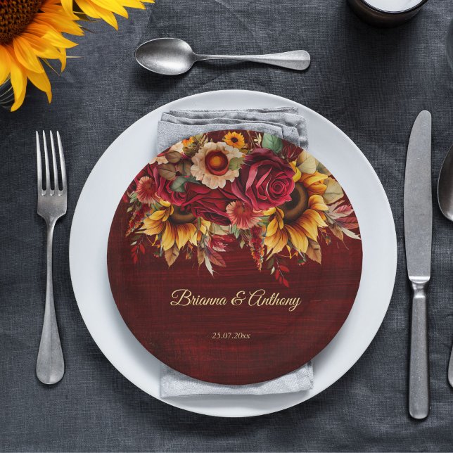 Herbstsonnenblume Hochzeitsburgund-Monogramm gedru Pappteller (Fall sunflower wedding burgundy monogram printed paper plates personalized wedding decor)