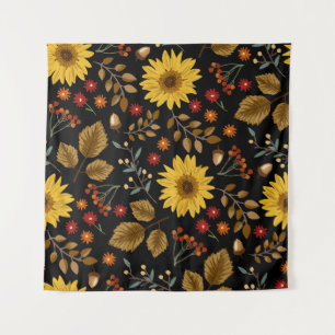 Herbstsonnenblumen: Ahorn Schwarz Hintergrund Wandteppich