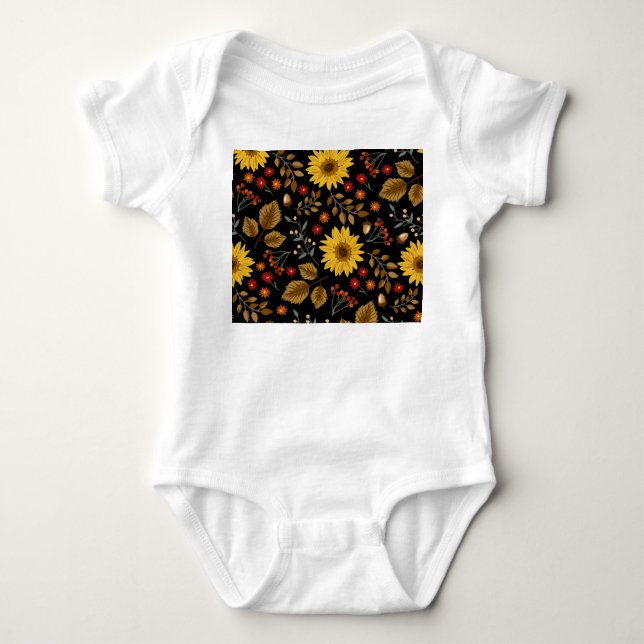 Herbstsonnenblumen: Ahornschwarzer Hintergrund Baby Strampler (Vorderseite)