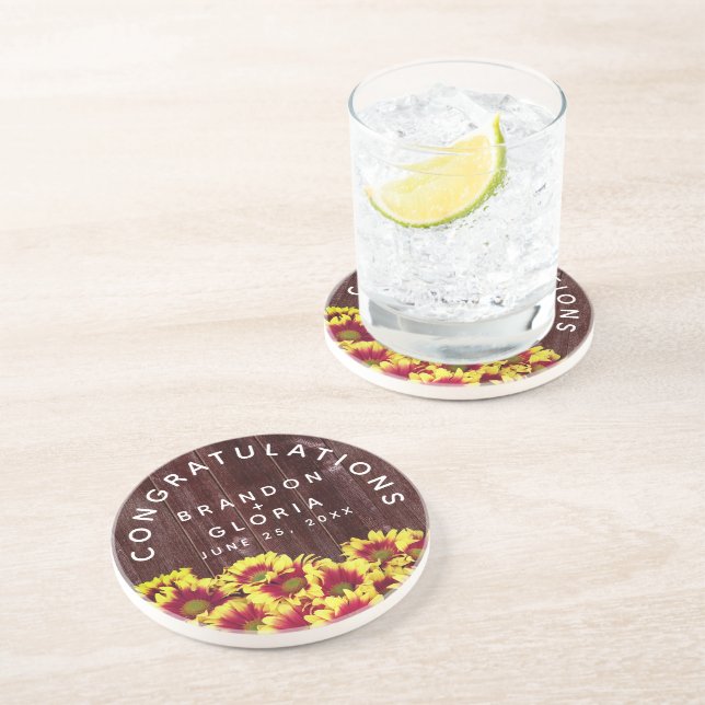 Herbstsonnenblumen auf Holzzaun Hochzeit Getränkeuntersetzer (Seite)