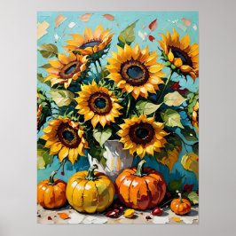 Herbstsonnenblumen, Herbstsonnenblumen und Kürbisp Poster