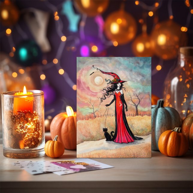 Herbstspaziergang Halloween Hexe und Schwarze Katz Postkarte (Von Creator hochgeladen)