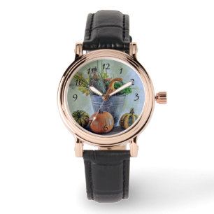 Herbststillleben mit Kürbissen, Blumen Armbanduhr